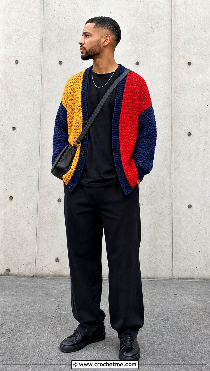 Color Block Crochet Cardigan With Black Streetwear - 35 mens crochet cardigan outfit ideas