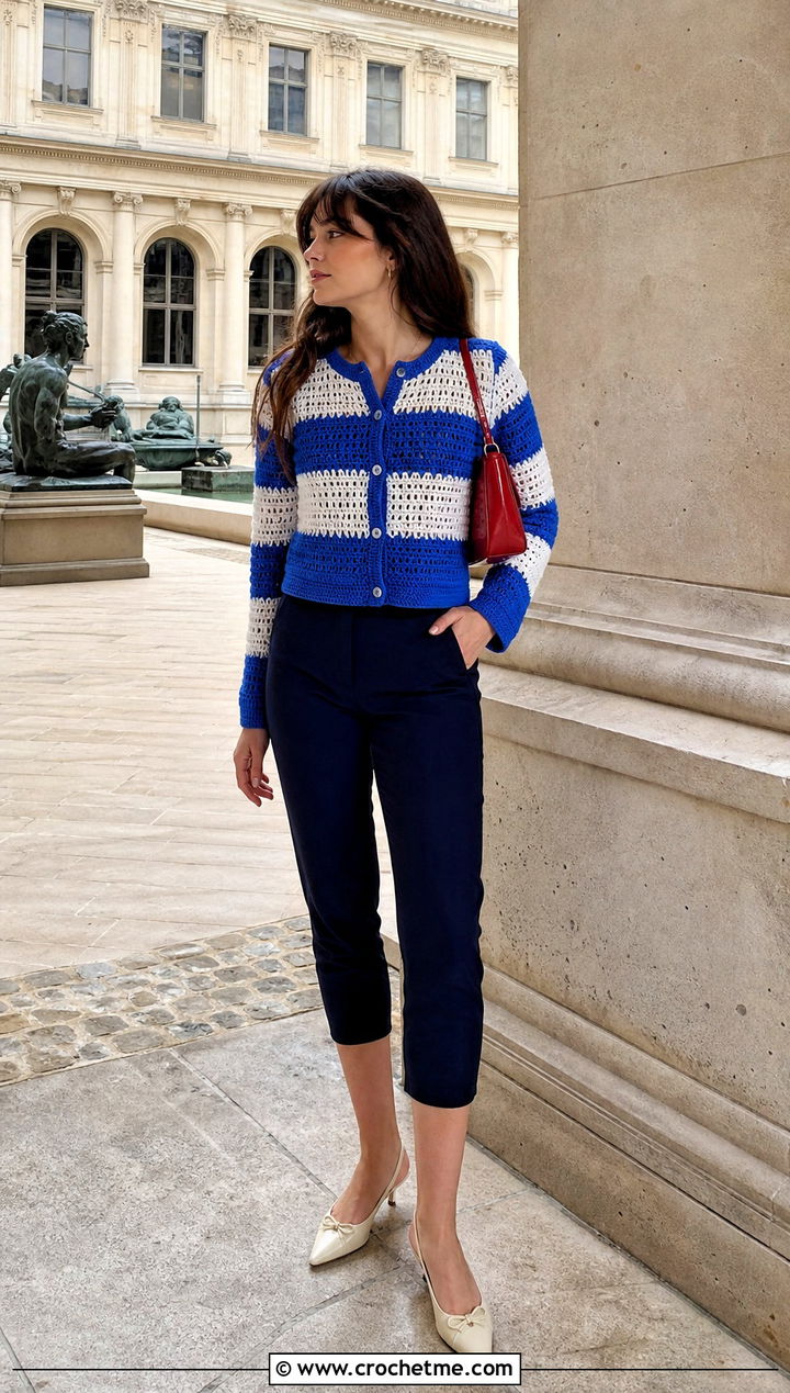 Color Block Crochet Cardigan With Capri Pants - 20 Miu Miu Crochet Cardigan outfit ideas