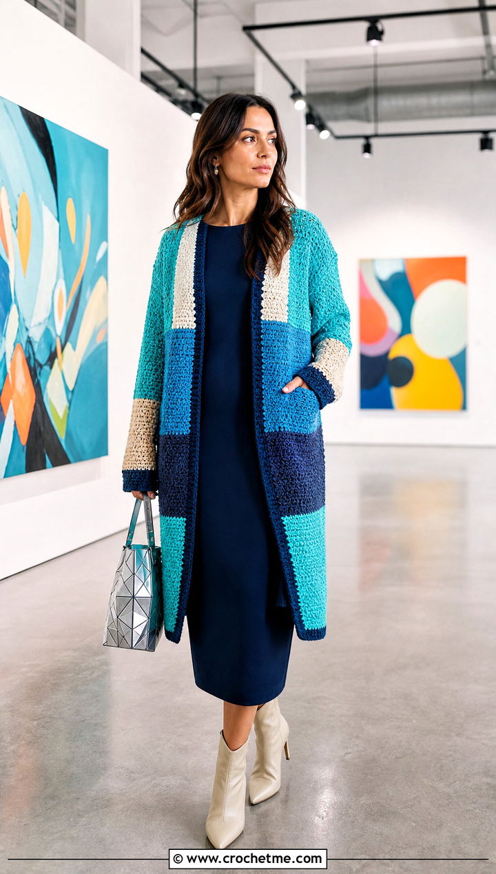 Color Block Crochet Cardigan With Column Dress - 30 crochet women's cardigan outfit ideas