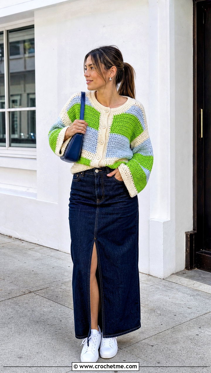 Color Block Crochet Cardigan With Denim Maxi Skirt - 30 short sleeve crochet cardigan outfit ideas