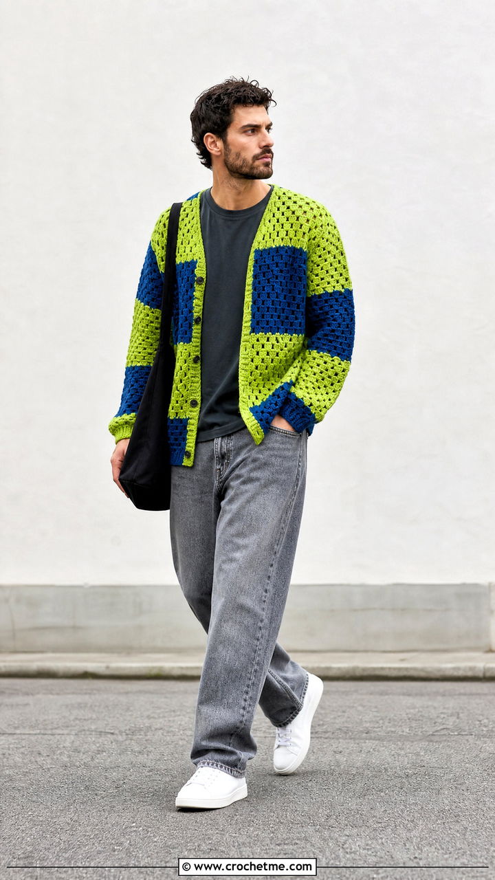 Color Block Crochet Cardigan With Gray Denim - 35 crochet cardigan men outfit ideas