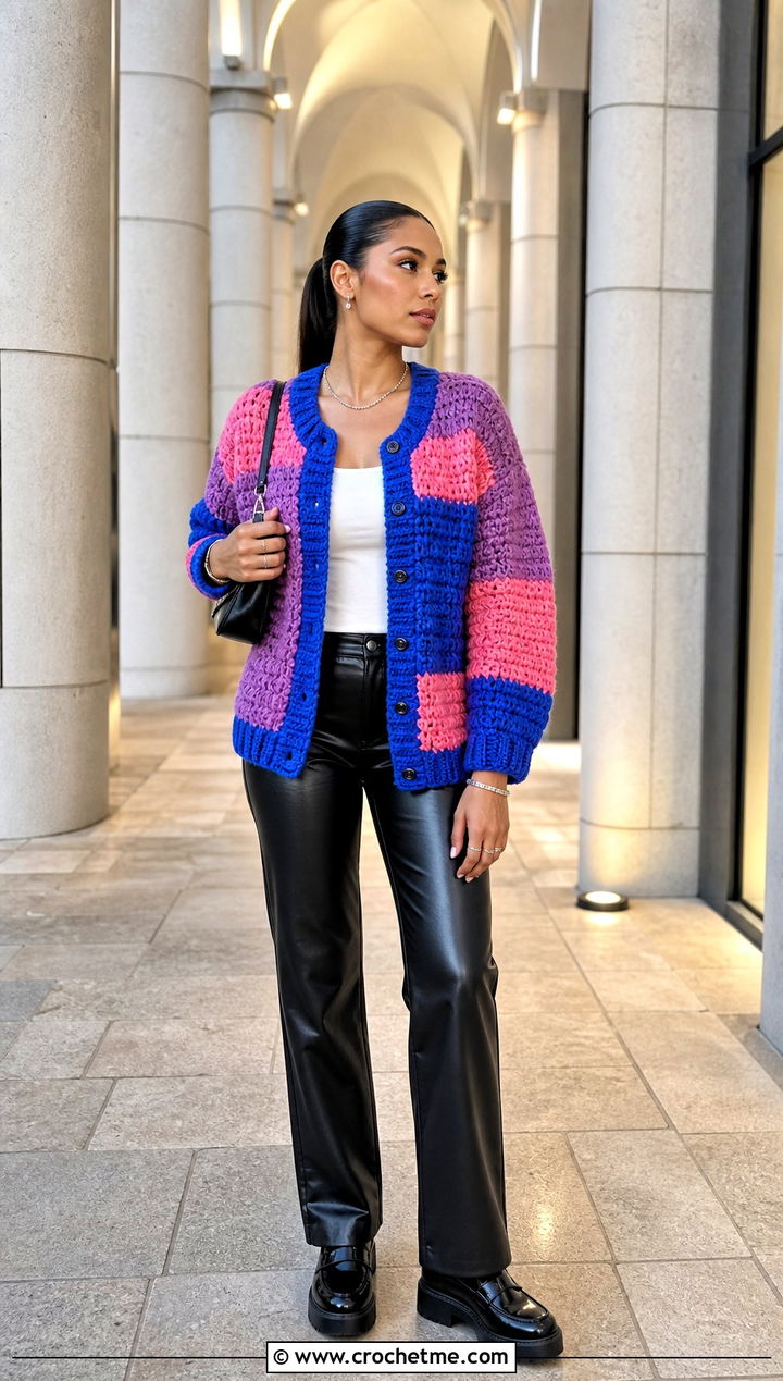 Color Block Crochet Cardigan With Leather Pants - 25 kawaii crochet cardigan outfit ideas