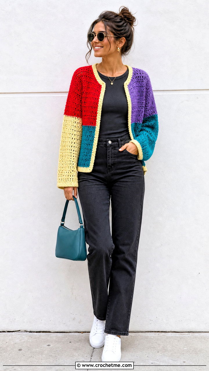 Color Block Crochet Cardigan With Monochrome Basics - 35 crochet cardigans outfit ideas