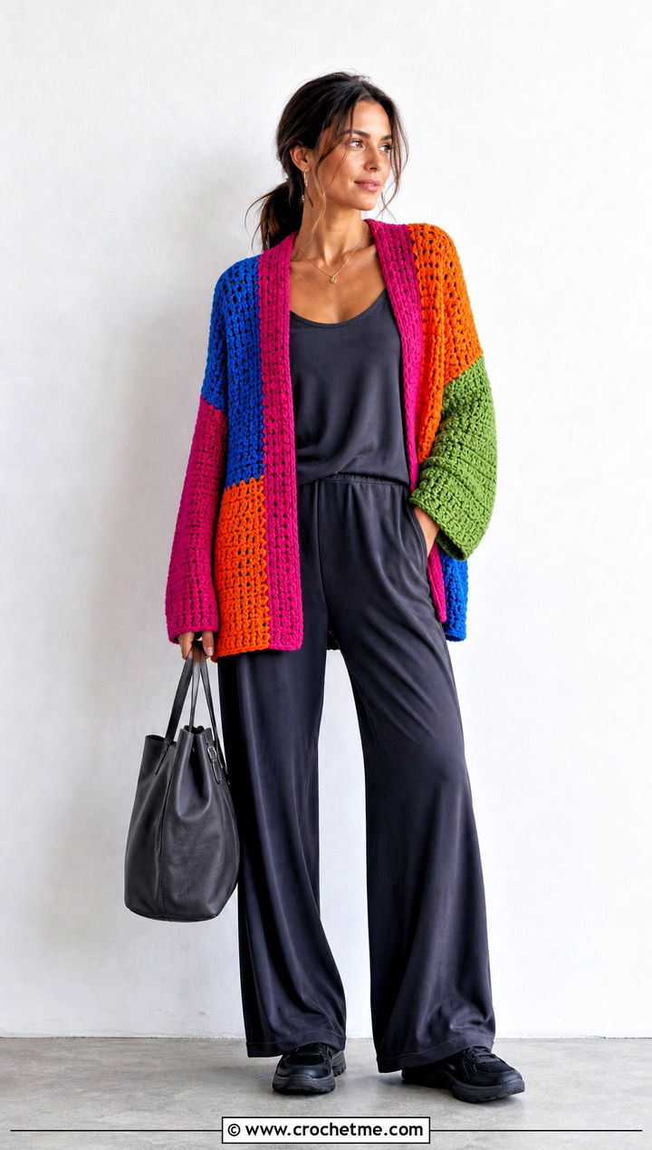 Color Block Crochet Cardigan With Monochrome Basics - 30 diy crochet cardigan outfit ideas