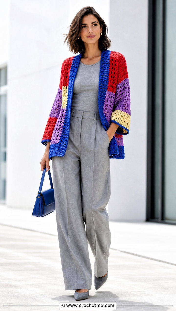 Color Block Crochet Cardigan With Monochrome Outfit - 30 long crochet cardigan outfit ideas