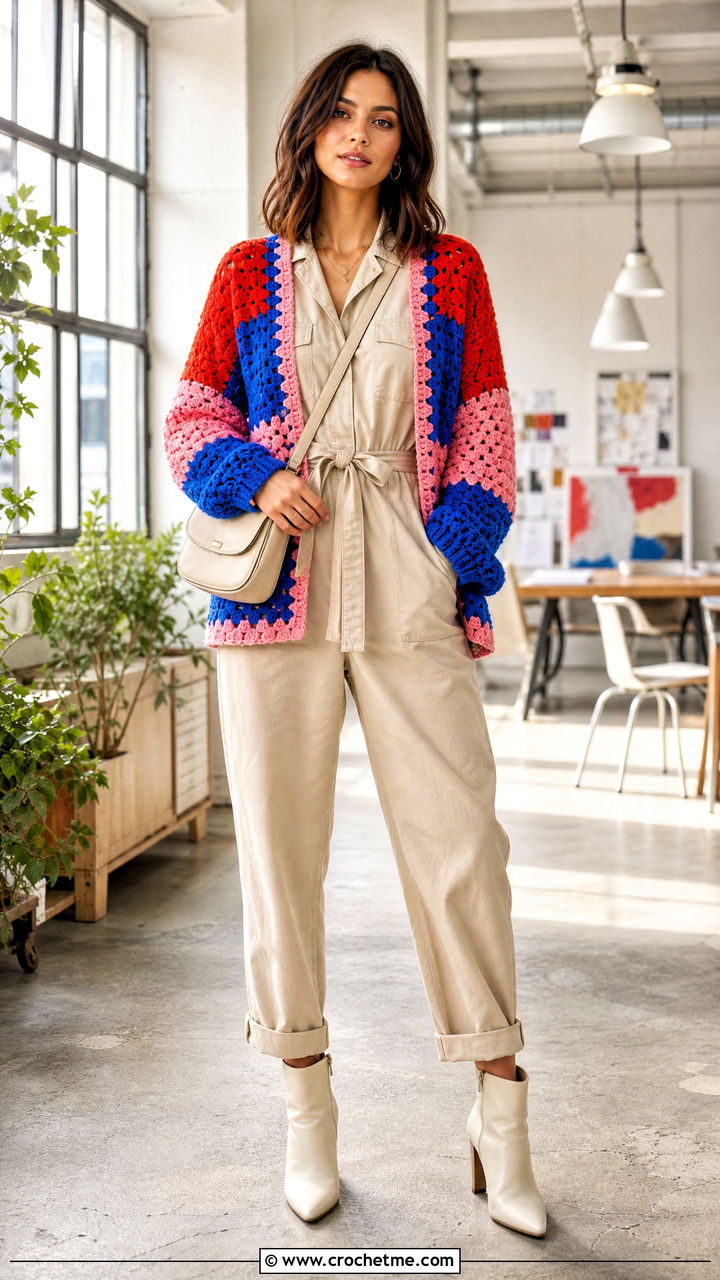 Color Block Crochet Cardigan With Neutral Jumpsuit - 35 crochet cardigan women outfit ideas