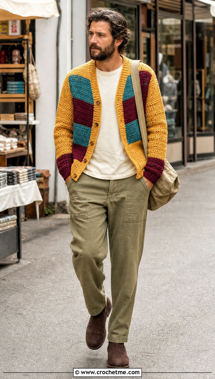 Color Block Crochet Cardigan With Neutral Workwear - 30 mens crochet cardigan sweater outfit ideas