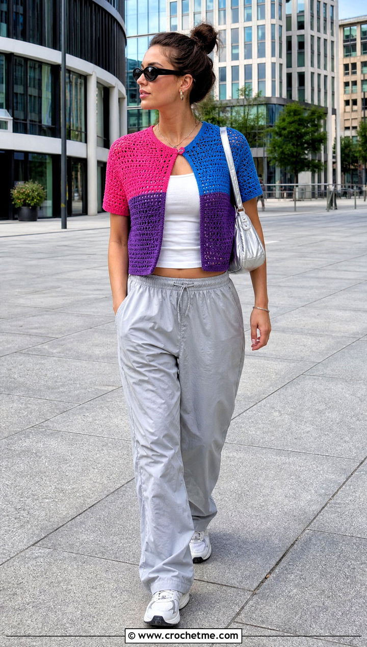 Color Block Crochet Cardigan With Parachute Pants - 25 short sleeve summer crochet cardigan outfit ideas