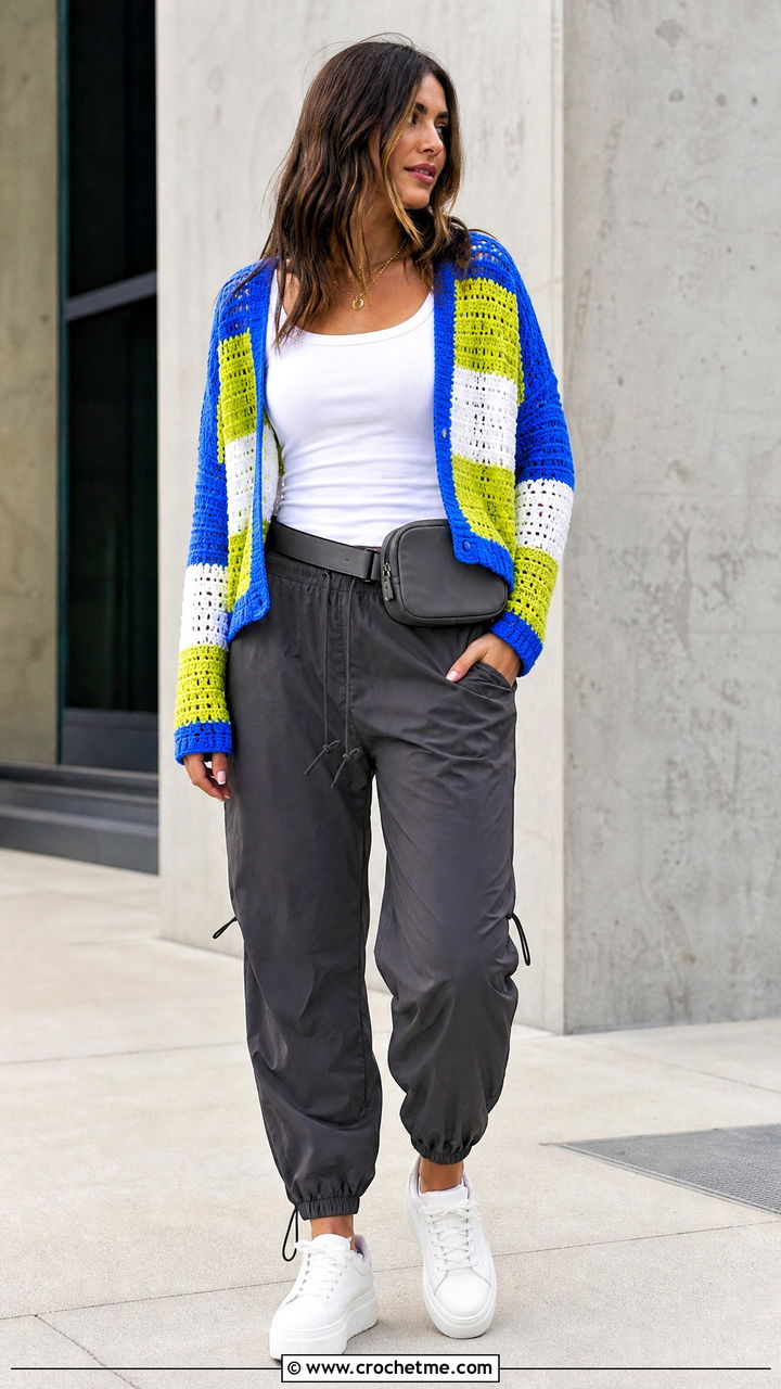 Color Block Crochet Cardigan With Parachute Pants - 35 simple crochet cardigan outfit ideas