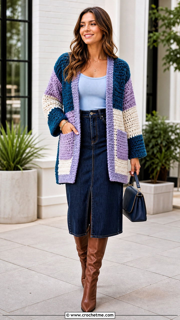 Color Block Crochet Cardigan With Pockets And Denim Skirt - 35 crochet cardigan with pockets outfit ideas