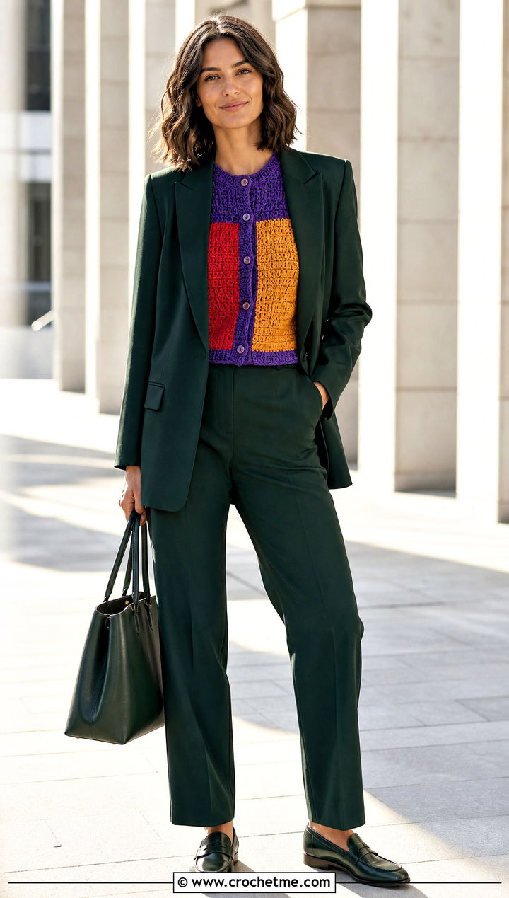 Color Block Crochet Cardigan With Relaxed Suit - 35 fall crochet cardigan outfit ideas