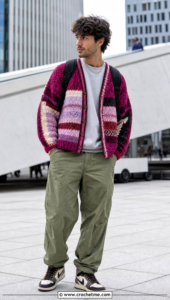 Color Block Crochet Cardigan With Sweatshirt and Parachute Pants - 20 men's crochet cardigan outfit ideas