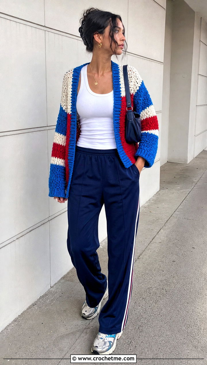 Color Block Crochet Cardigan With Track Pants - 30 crochet cardigan design outfit ideas