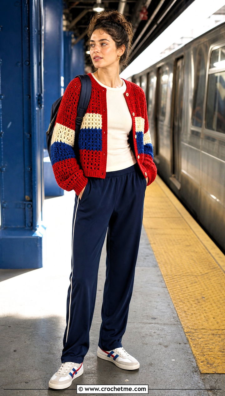 Color Block Crochet Cardigan With Track Pants - 30 crochet for cardigans outfit ideas