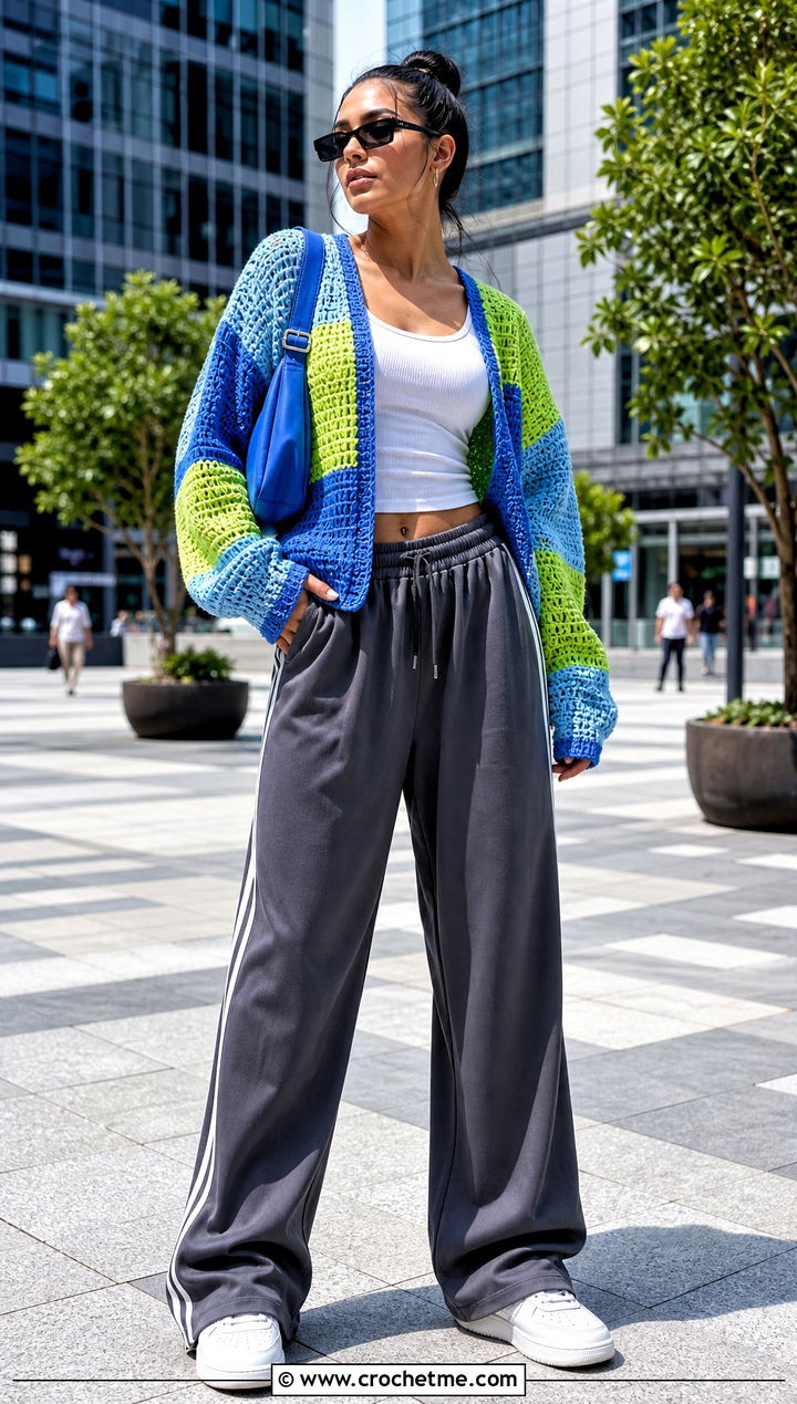 Color Block Crochet Cardigan With Track Pants - 30 cute crochet cardigans outfit ideas