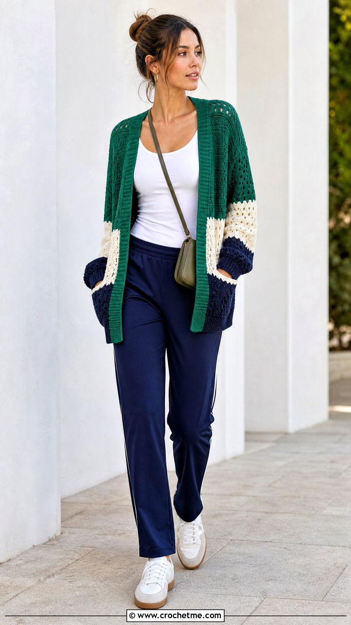 Color Block Crochet Cardigan With Track Pants - 35 cute crochet cardigan outfit ideas