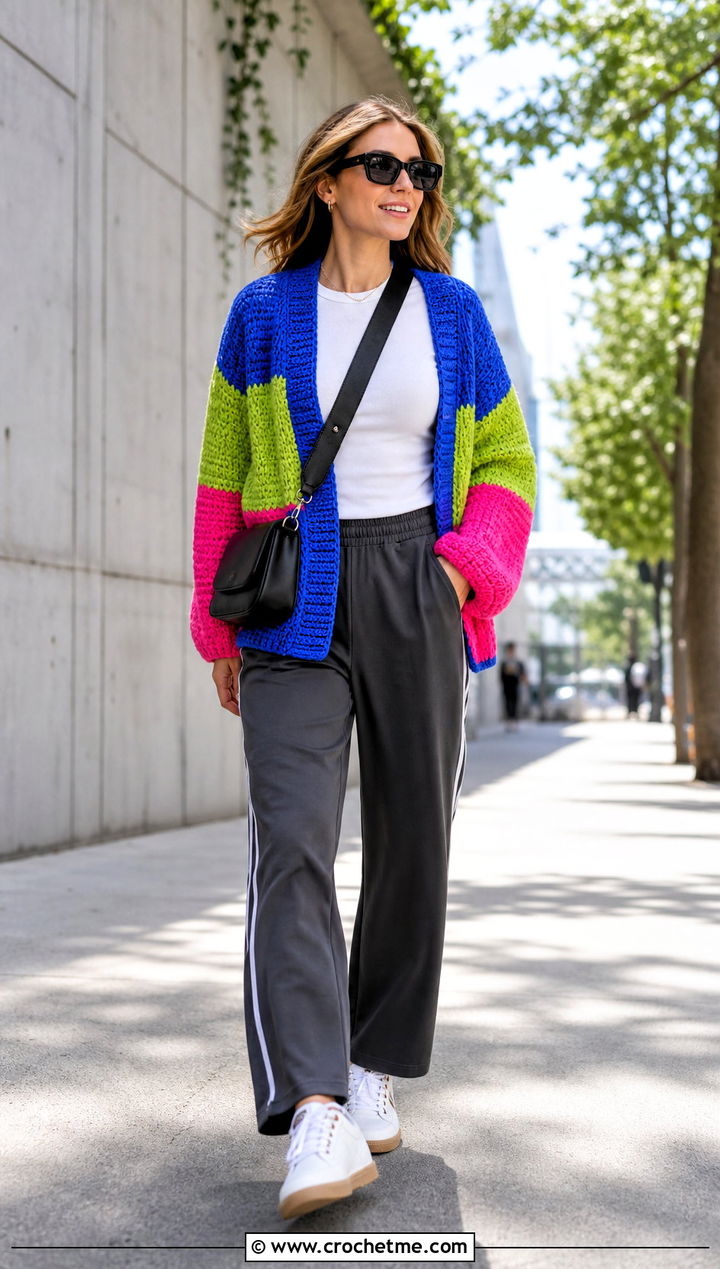 Color Block Crochet Cardigan With Track Pants - 25 womens crochet cardigan outfit ideas