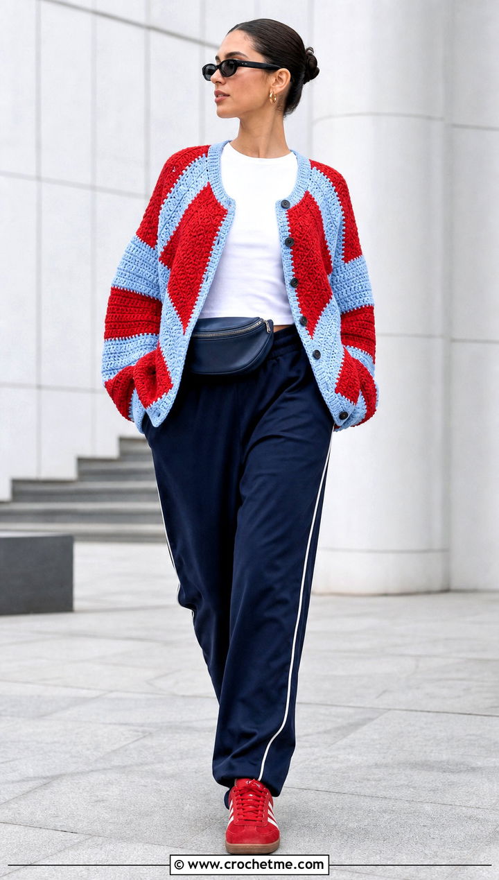 Color Block Crochet Cardigan With Track Pants - 30 3 weight yarn crochet cardigan outfit ideas