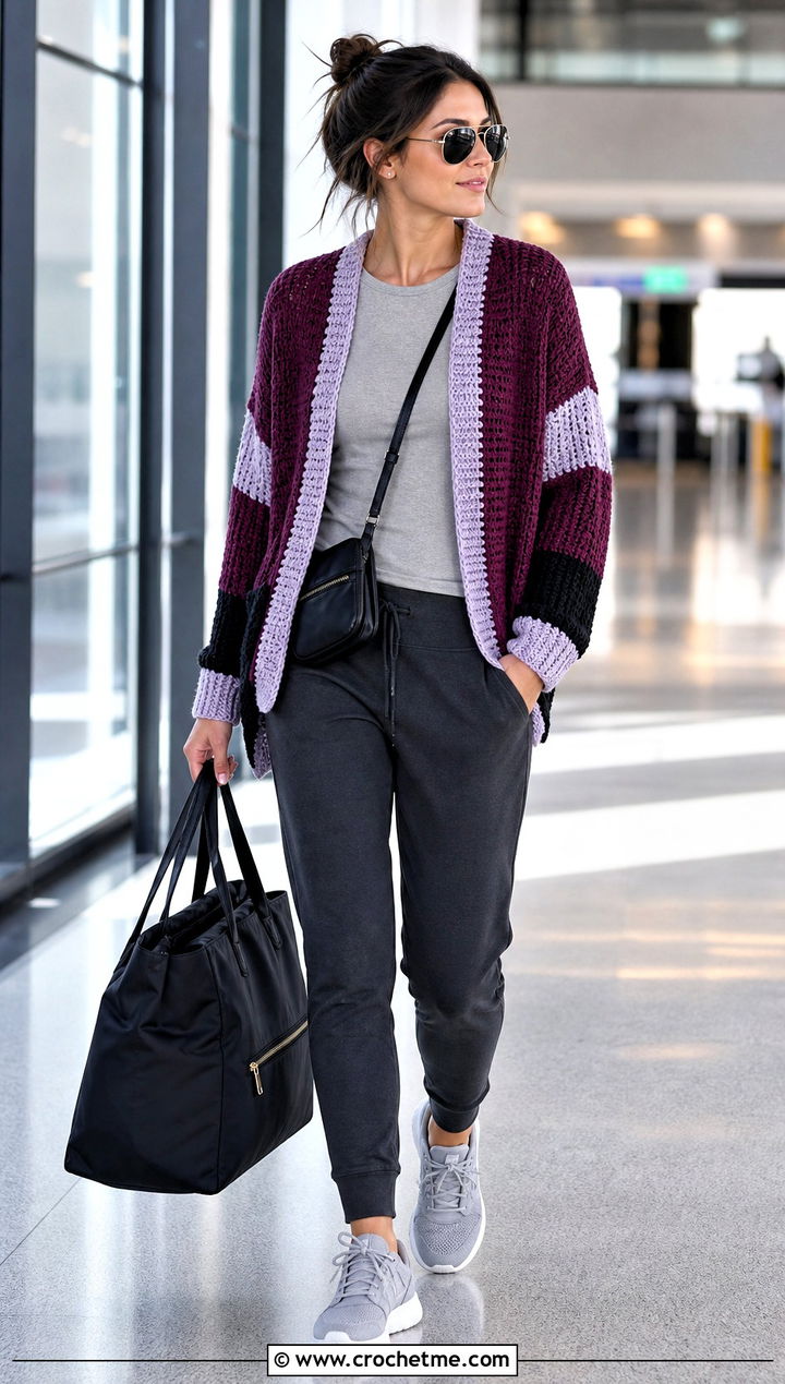 Color Block Crochet Cardigan With Travel Joggers - 15 Ultimate Lounge Crochet Cardigan outfit ideas
