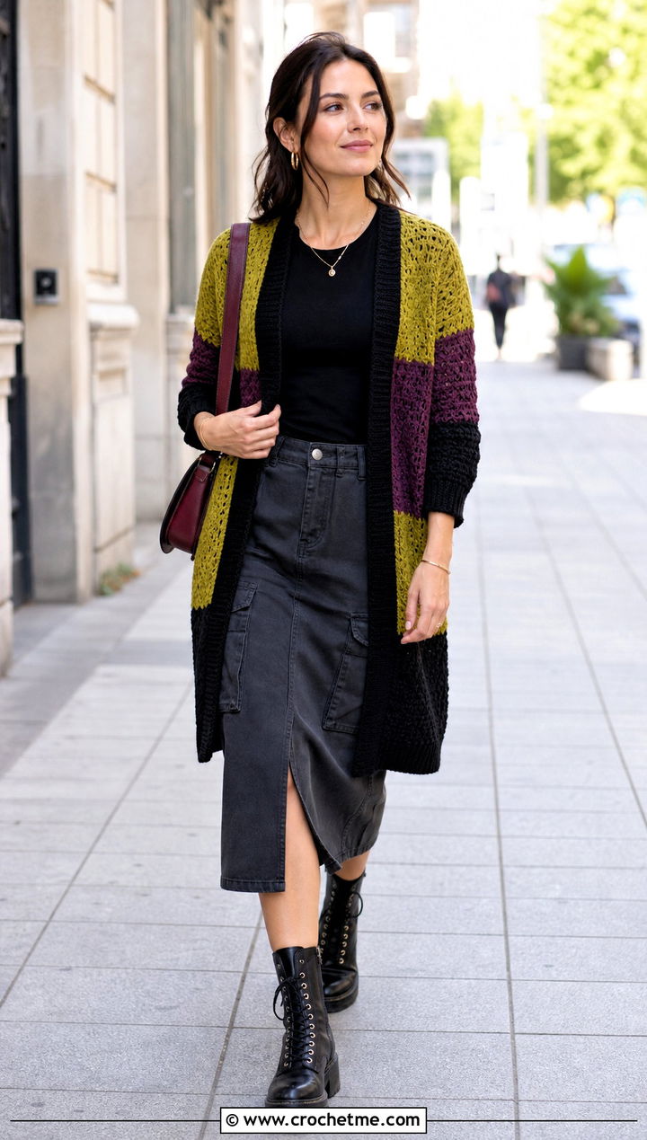 Color Block Crochet Cardigan With Utility Skirt - 25 halloween crochet cardigan outfit ideas
