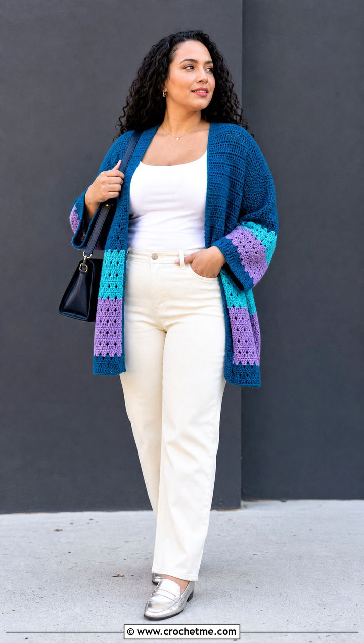 Color Block Crochet Cardigan With White Jeans - 30 crochet plus size cardigan outfit ideas