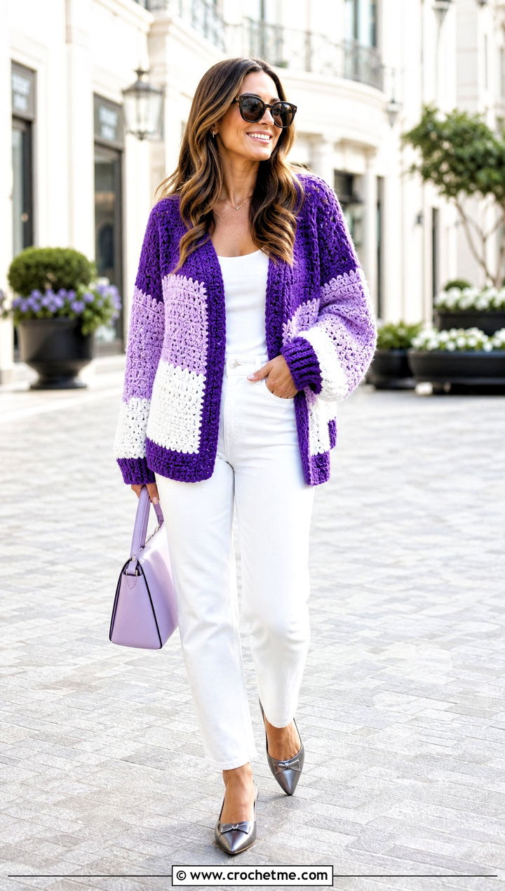 Color Block Crochet Cardigan With White Jeans - 25 elegant crochet cardigan outfit ideas