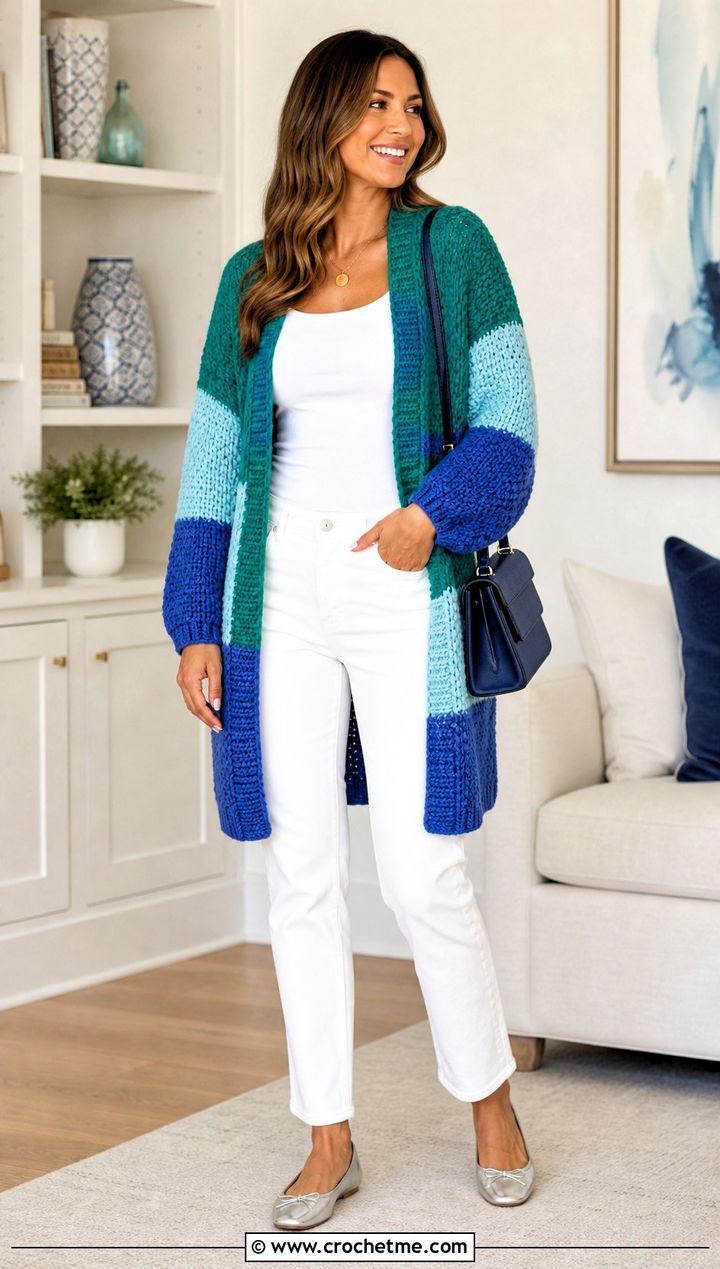 Color Block Crochet Cardigan With White Jeans - 25 thick crochet cardigan outfit ideas