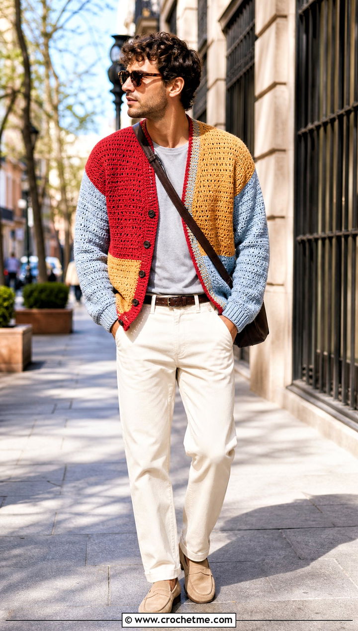 Color Block Crochet Cardigan With White Jeans - 30 crochet man cardigan outfit ideas