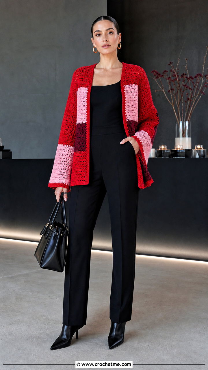Color Block Crochet Cardigan With a Black Jumpsuit - 35 beginner crochet cardigan outfit ideas