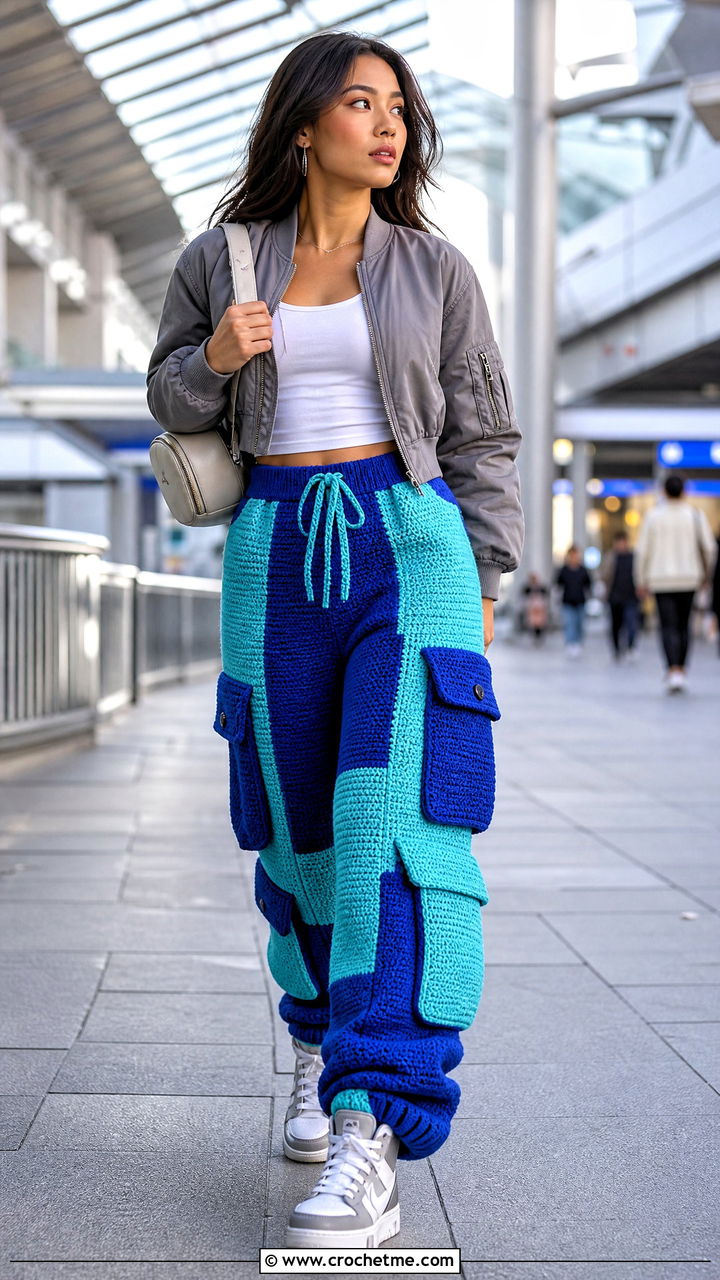 Color Block Crochet Cargo Pants With Bomber Jacket - 35 crochet cargo pants outfit ideas