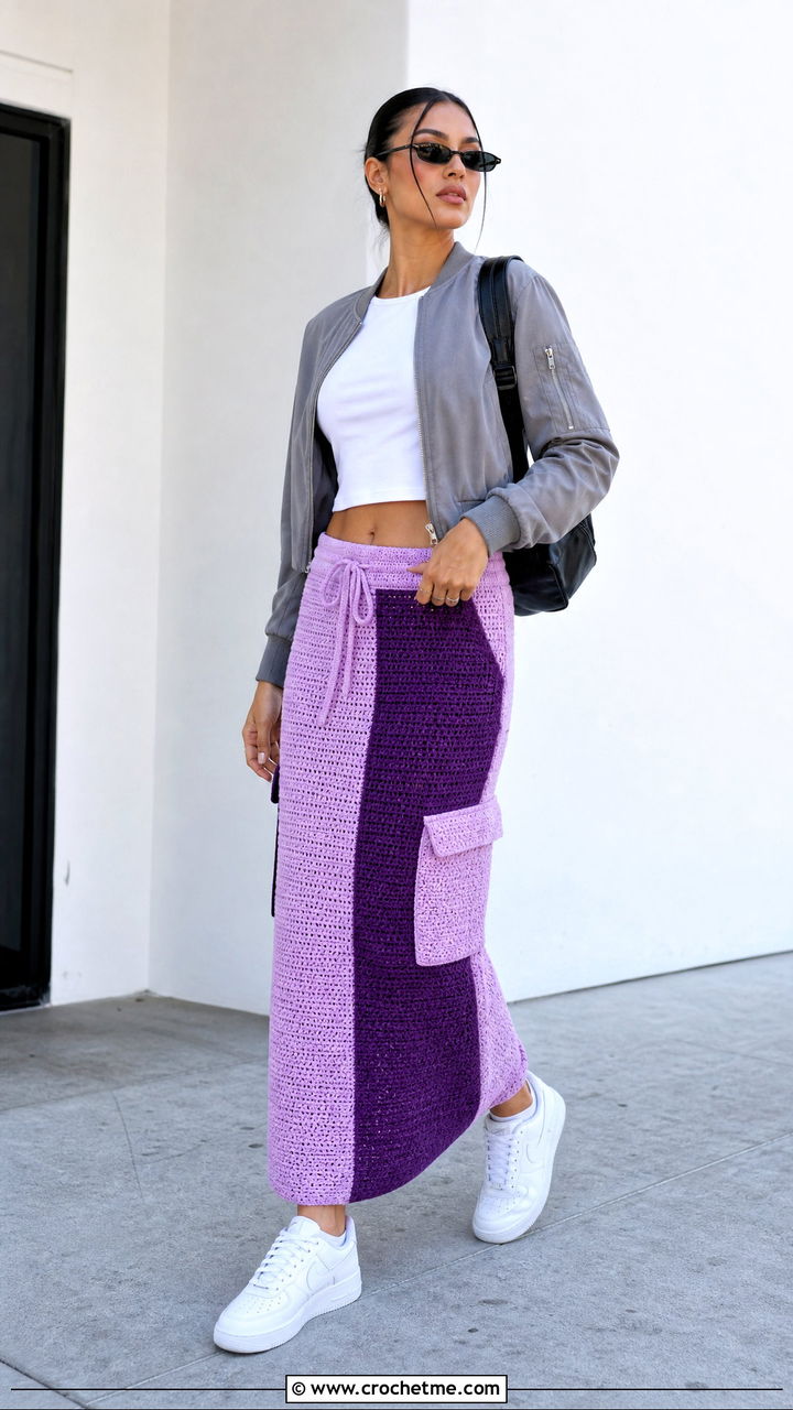 Color Block Crochet Cargo Skirt With Bomber Jacket - 35 crochet cargo skirt outfit ideas
