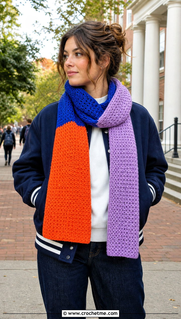 Color Block Crochet Cashmere Scarf With Varsity Jacket - 25 crochet cashmere scarf outfit ideas