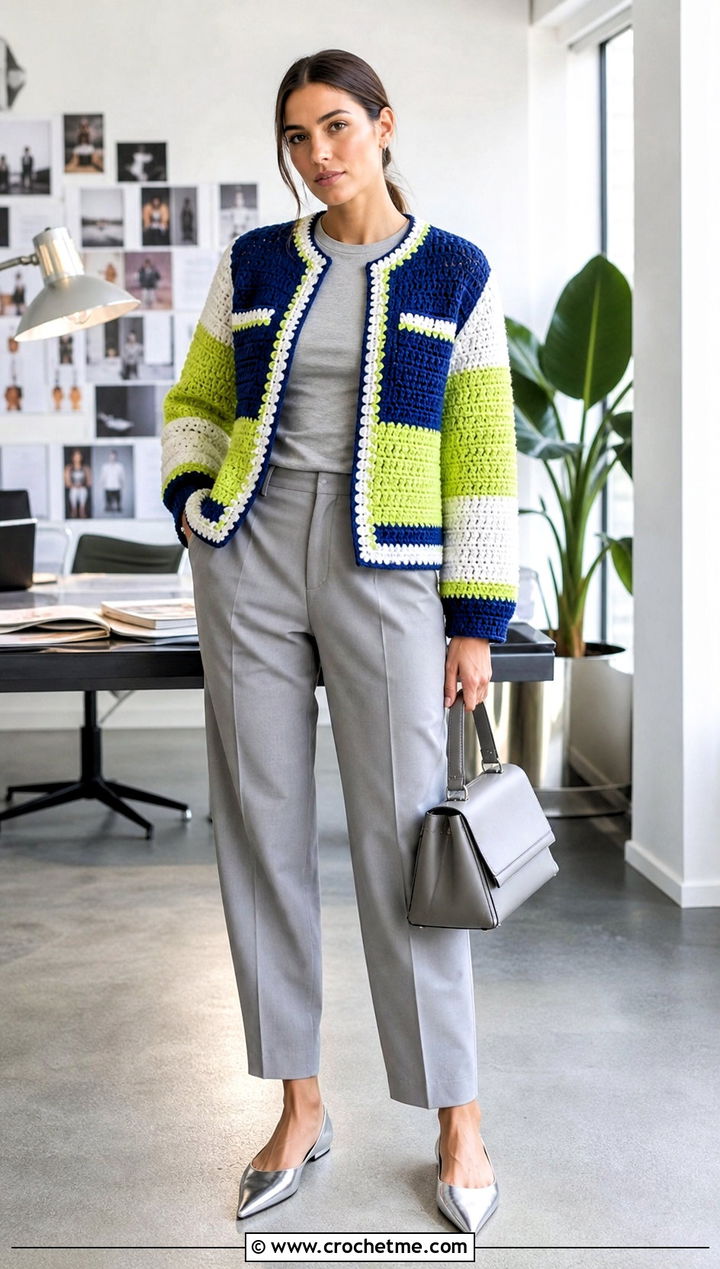 Color Block Crochet Chanel Jacket With Monochrome Outfit - 30 crochet chanel jacket outfit ideas