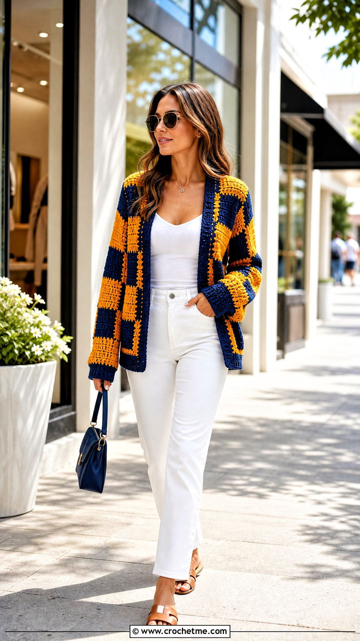 Color Block Crochet Checkered Cardigan With White Jeans - 35 crochet checkered cardigan outfit ideas
