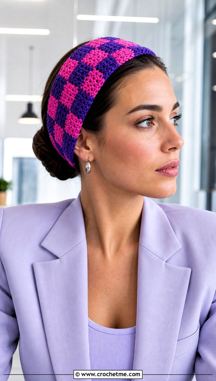 Color Block Crochet Checkered Headband With Monochrome Suit - 25 crochet checkered headband outfit ideas