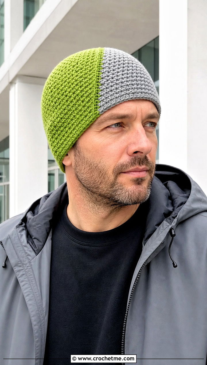 Color Block Crochet Chemo Cap With Minimalist Outfit - 25 Crochet Chemo Caps For Men outfit ideas
