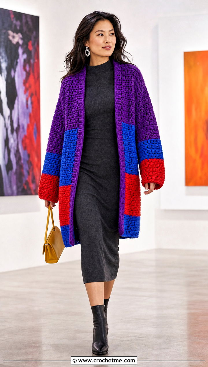 Color Block Crochet Chenille Cardigan With Knit Dress - 30 crochet chenille cardigan outfit ideas