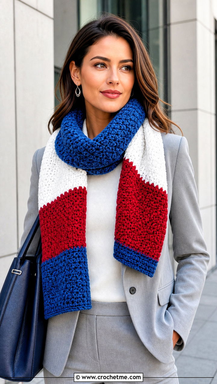 Color Block Crochet Chenille Scarf With Neutral Suit - 25 crochet chenille scarf outfit ideas