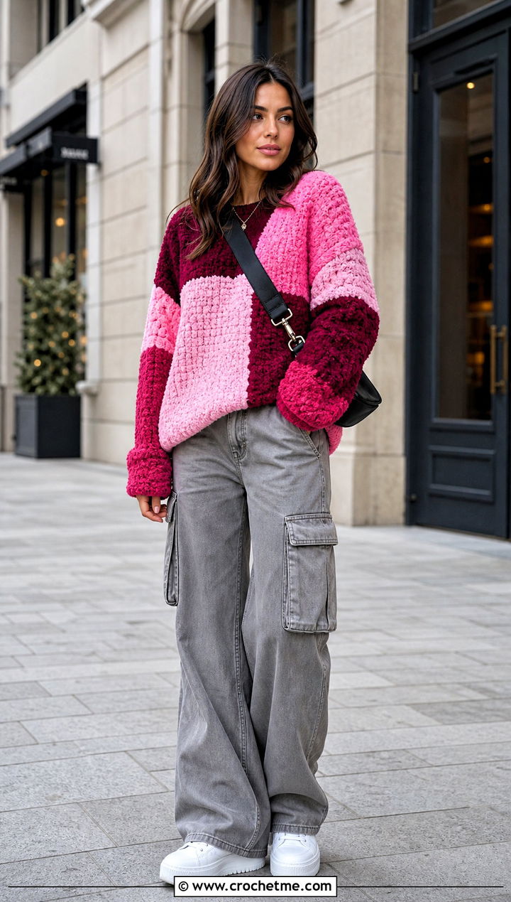 Color Block Crochet Chenille Sweater With Cargo Pants - 25 crochet chenille sweater outfit ideas