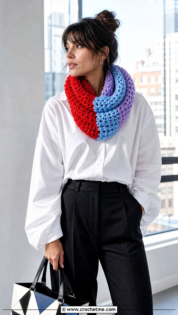 Color Block Crochet Chunky Cowl With White Shirt - 30 crochet chunky cowl outfit ideas