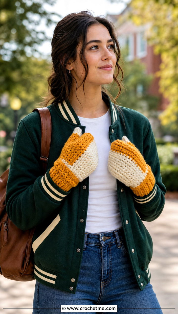 Color Block Crochet Chunky Mittens With Varsity Jacket - 30 crochet chunky mittens outfit ideas