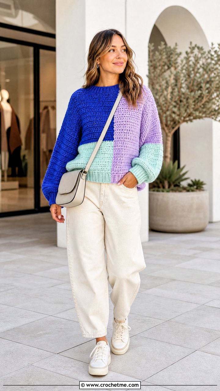 Color Block Crochet Chunky Sweater With Ecru Jeans - 35 crochet chunky sweater outfit ideas