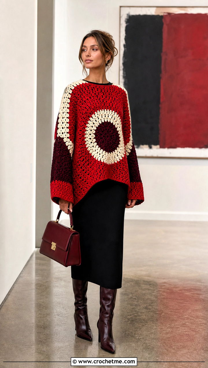 Color Block Crochet Circle Sweater With Column Dress - 25 crochet circle sweater outfit ideas
