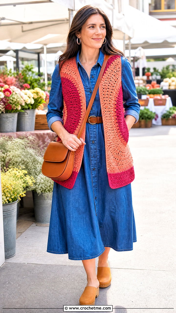 Color Block Crochet Circle Vest With Chambray Dress - 35 crochet circle vest outfit ideas