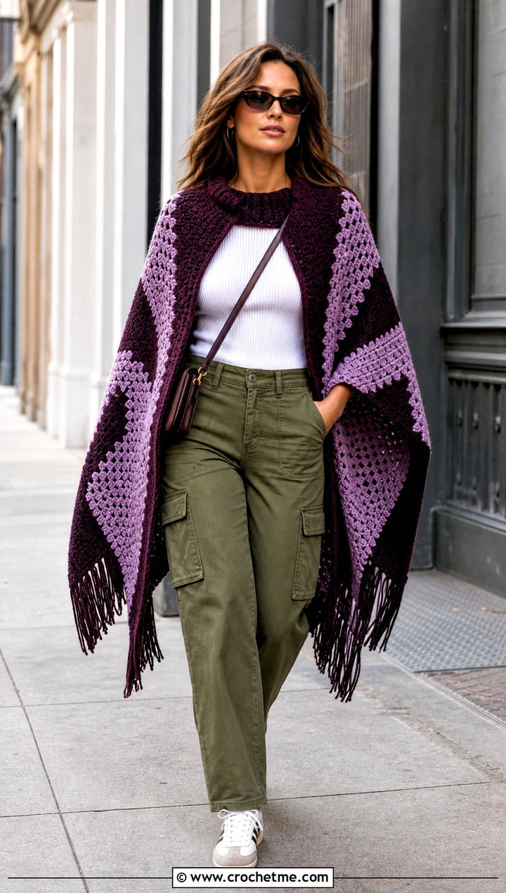 Color Block Crochet Clint Eastwood Poncho With Cargo Pants - 15 Crochet Clint Eastwood Poncho outfit ideas