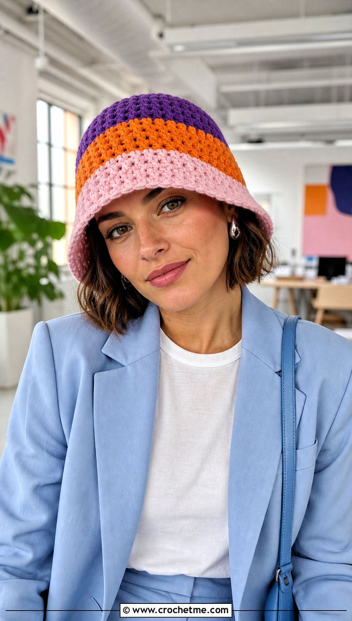 Color Block Crochet Cloche Hat With Monochrome Suit - 25 Cloche Crochet Hat outfit ideas