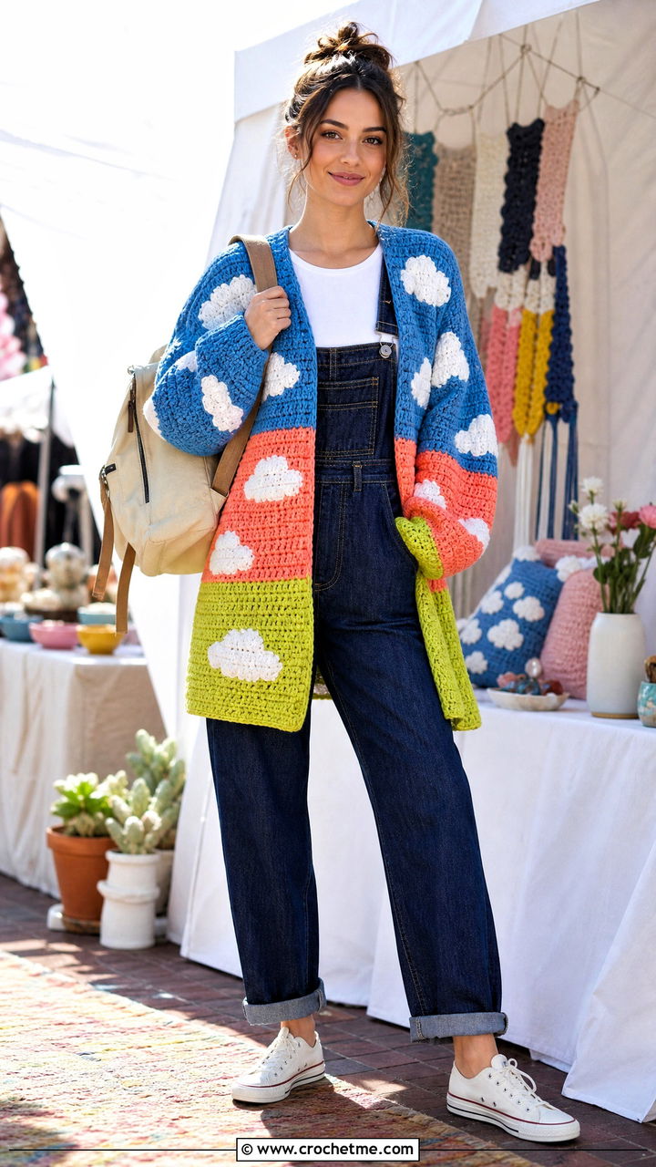Color Block Crochet Cloud Cardigan With Overalls - 35 crochet cloud cardigan outfit ideas