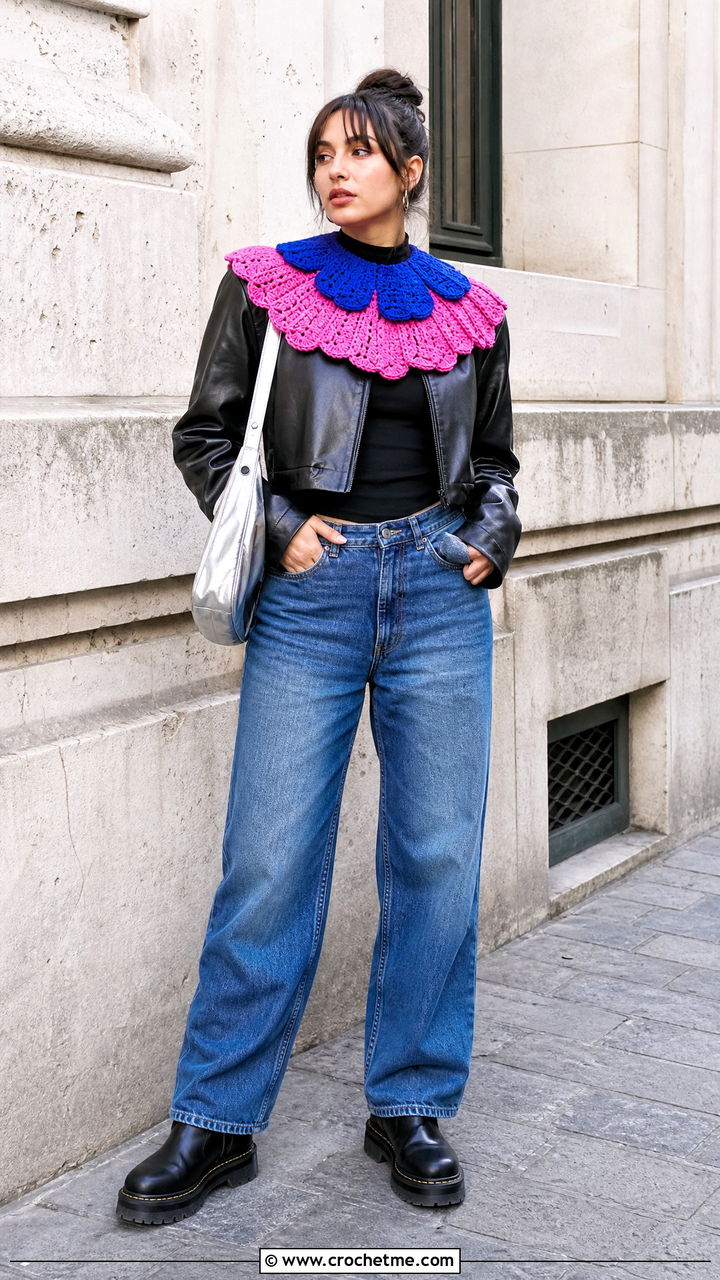 Color Block Crochet Clown Collar With Leather Jacket - 35 crochet clown collar outfit ideas