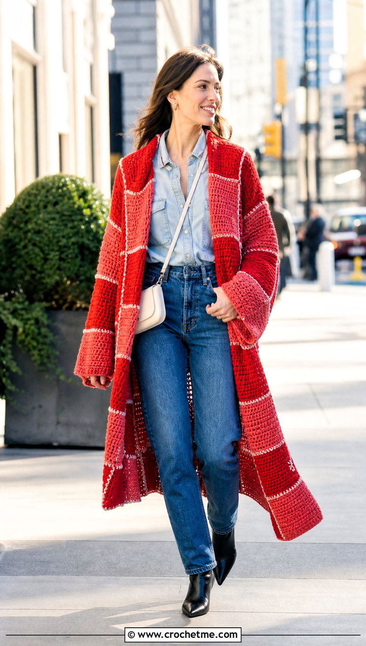 Color Block Crochet Coat With A Denim Shirt - 25 Crochet Coat For Women outfit ideas