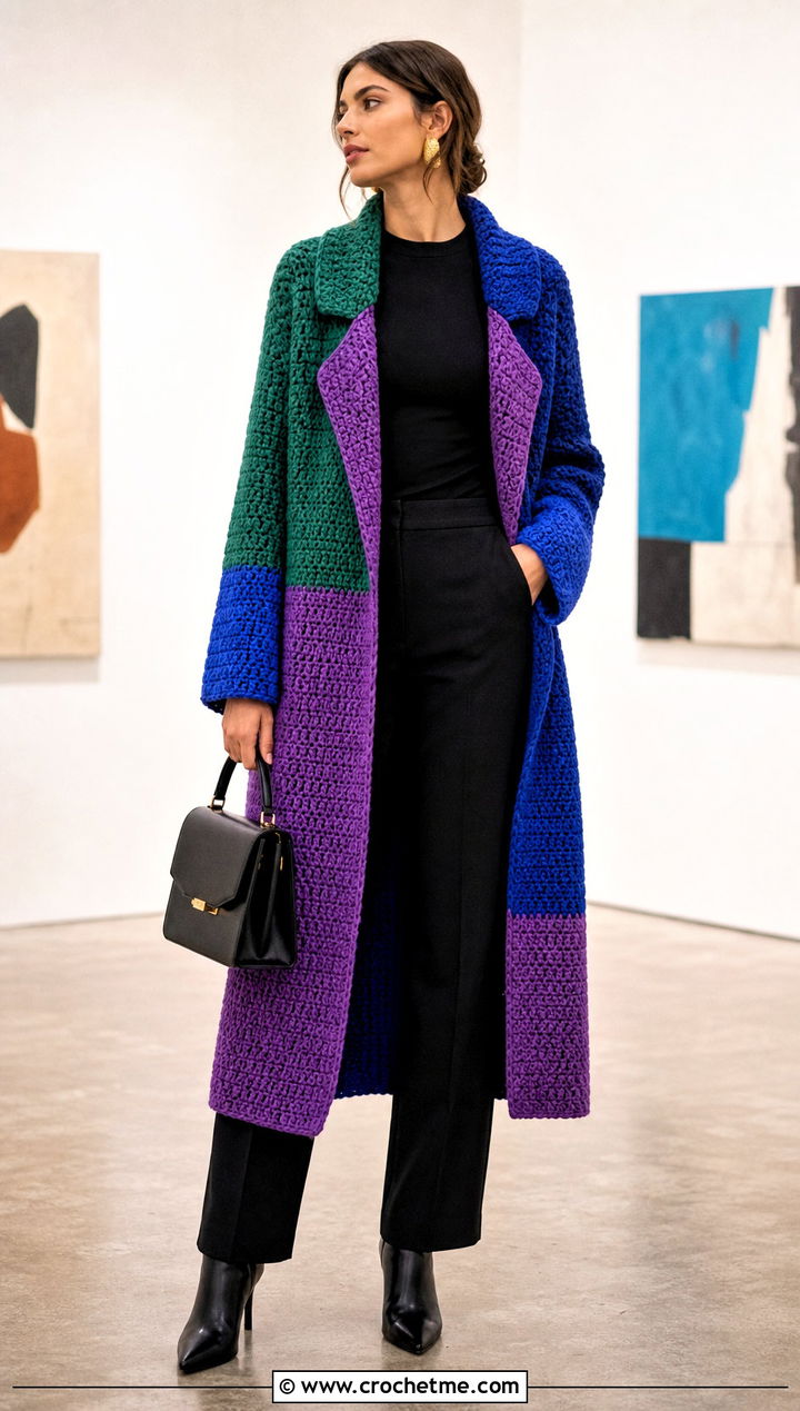 Color Block Crochet Coat With All Black Outfit - 25 crochet coat ideas